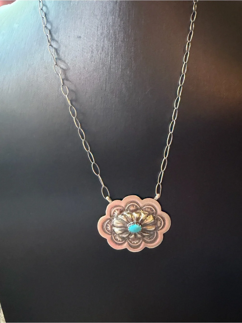 Lavina Benally Navajo Turquoise Concho Pendant Necklace - Sterling Silver
